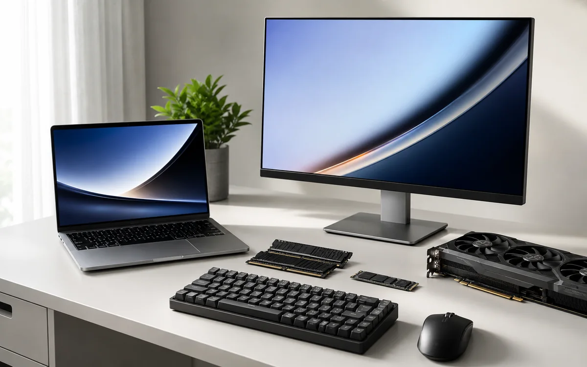 Bilgisayar, monitör, ekran kartı, RAM, SSD ve aksesuar ürünleri temsili görseli
